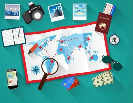 Planning trip concept at table with paper map of world, Illustrazione stock