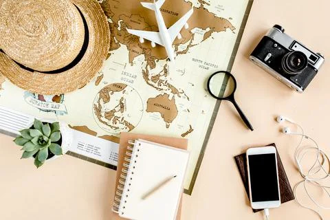 Planning vacation, travel plan, trip vacation using world map along with other Stock Photos