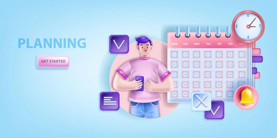 Planning vector business schedule background, 3D character, event calendar Illustrazione stock