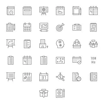 Planning Vector Icon Collection with 32 64x64 Thin Line Designs Stock Illustration