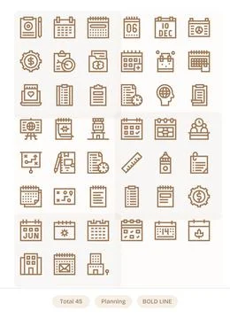Planning Visual Pack containing 45 Bold Line Grid Fitted Vector Icons Stock Illustration