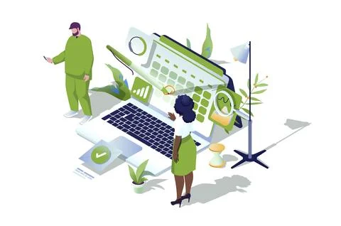 Planning web concept in 3d isometric design. People organizes workflow, marks Stock Illustration