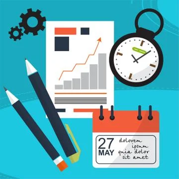 Planning workflow. Against the background of office items like watches, pens, Stock Illustration