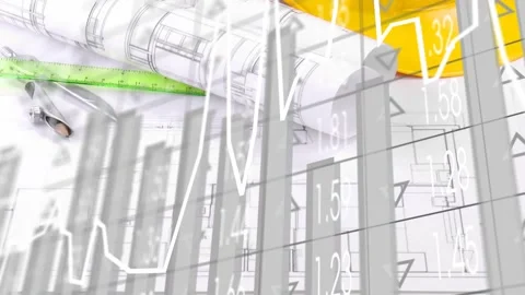 Plans and tools showing data, graphics sliding in starting bars rising, lens Stock Footage 334744356
