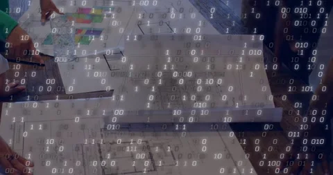 Plans being unrolled, hands aligning drawings with ruler while binary overlay Stock Footage 329533124