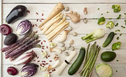 Plant based modern flat lay big set collection rows of white red purple green Foto stock