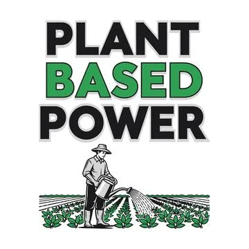 Plant based power logo with a farmer watering plants tshirt design Illustration