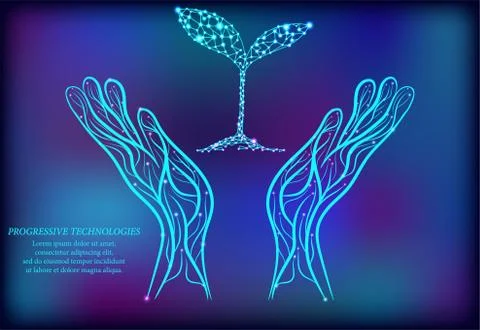 Plant between two human hands environmental abstract concept. 3D render of sa Stock Illustration