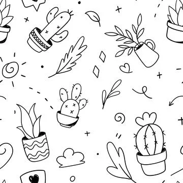 Plant, cactus, flower doodle pattern seamless. Vector illustration Illustrazione stock
