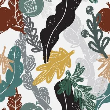 Plant color texture pattern, leaves, branches, fruits. Scandinavian style, li Stock Illustration