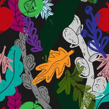Plant color texture pattern, leaves, branches, fruits. Scandinavian style, li Stock Illustration