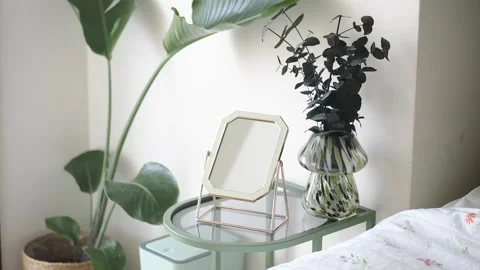 Plant decor near a mirror on a bedside table Stock Footage 339995480
