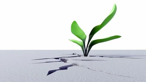 A plant is emerging from a deep, jagged crack in a concrete Stock Illustration