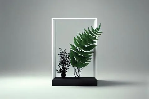 A plant in a glass case with a white background and a light coming through .. Ilustración de archivo