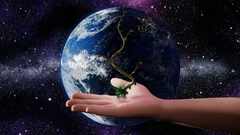 A plant grow out of hand in front the of the spinning Earth and the Universe Stock Footage 249265652
