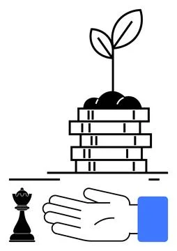 Plant growing from stack of coins, hand gesture, chess piece symbolizing stra Stock Illustration