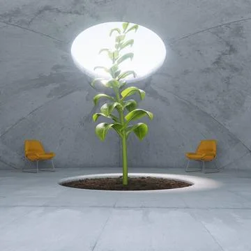 Plant growing through the ceiling hole. Aspirations and mindset concept. Stock Illustration