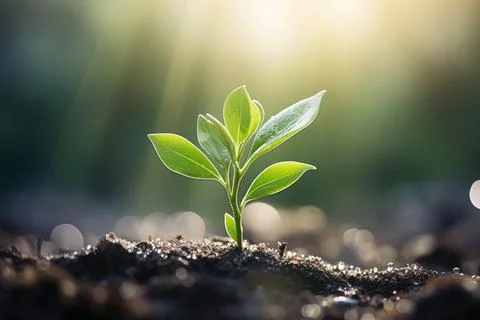 A plant grows through the stone ground. New plant life. Sunny day. Stock Photos