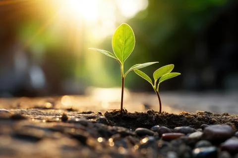 A plant grows through the stone ground. New plant life. Sunny day. Foto stock
