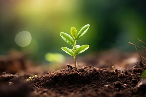 A plant grows through the stone ground. New plant life. Sunny day. Stock Photos