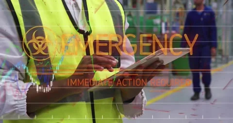 Plant lead tapping tablet showing biohazard icon flashing EMERGENCY alert admin Stock Footage 317154882
