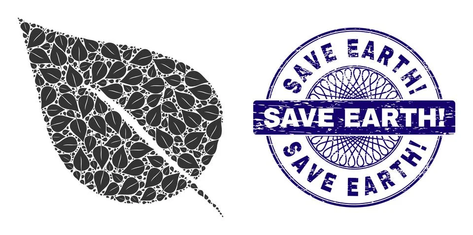 Plant Leaf Recursion Collage of Plant Leaf Items and Scratched Save Earth! Round Illustrazione stock
