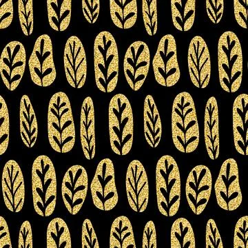Plant leaf seamless pattern gold black glitter shimmer for design Stock Photos