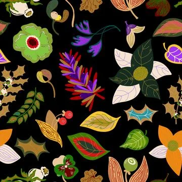 Plant organic pattern. Flat style. Hand drawn elements. Vector seamless overl Illustrazione stock