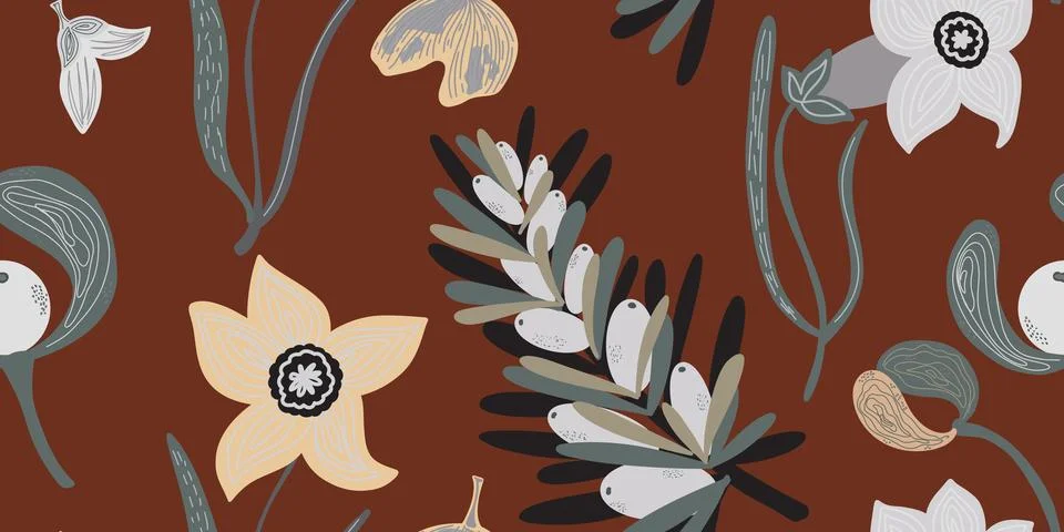 Plant organic pattern. Flat style. Hand drawn elements. Vector seamless overl 스톡 일러스트