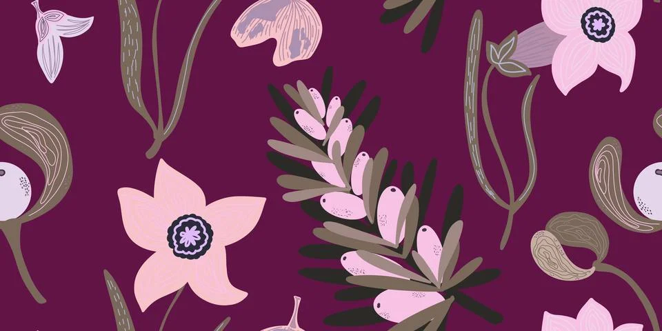 Plant organic pattern. Flat style. Hand drawn elements. Vector seamless overl 库存插图