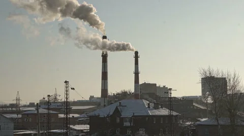 Plant Pipe With Smoke Against Blue Sky Stock Footage 59605124