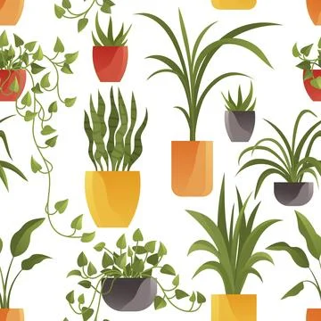 Plant in pot set seamless pattern. Cartoon flat different indoor potted Stock Illustration
