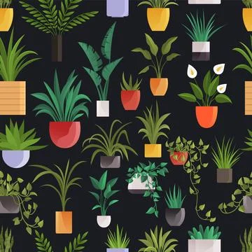 Plant in pot set seamless pattern. Cartoon flat different indoor potted 스톡 일러스트