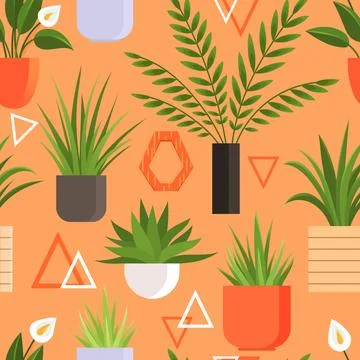 Plant in pot set seamless pattern. Cartoon flat different indoor potted Stock Illustration