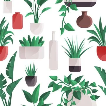 Plant in pot set seamless pattern. Cartoon flat different indoor potted 스톡 일러스트