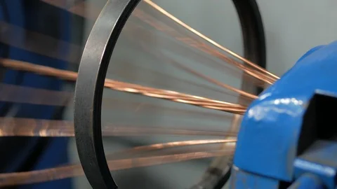 Plant for the production of the cable. Close-up of copper cable twisting. Stock Footage 124278242