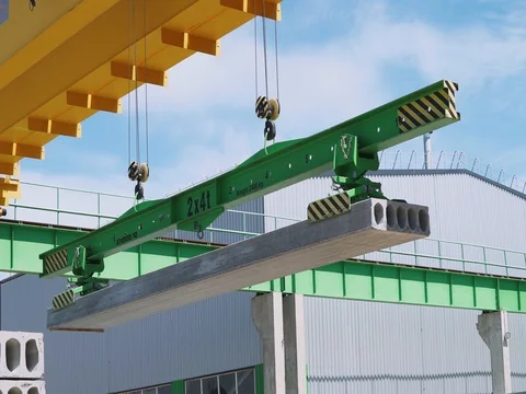 Plant for the production of concrete, view of a moving crane. Stock Footage