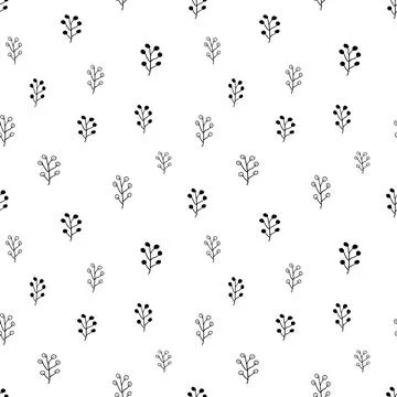 Plant seamless pattern, black and white hand-drawn tree doodle digital paper Stock Illustration