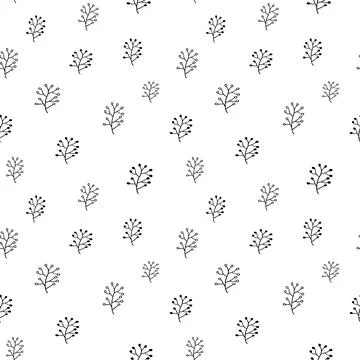 Plant seamless pattern, black and white hand-drawn tree doodle digital paper Stock Illustration