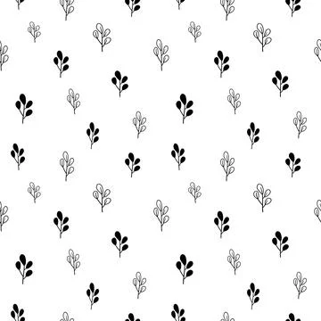 Plant seamless pattern, black and white hand-drawn tree doodle digital paper Stock Illustration