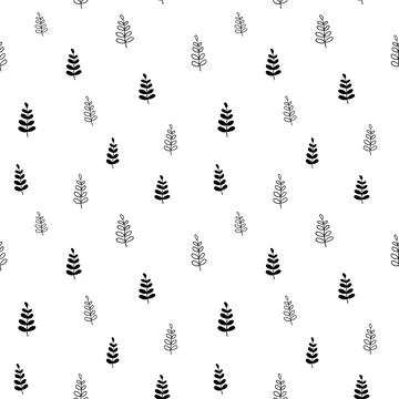 Plant seamless pattern, black and white hand-drawn tree doodle digital paper Stock Illustration