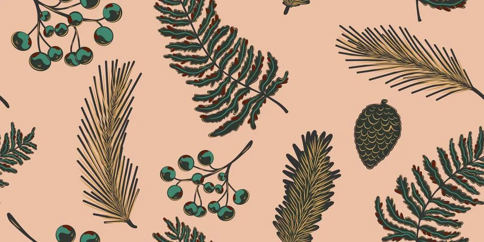 Plant seamless pattern. Botanical stylized hand-drawn nature motifs, plants.  库存插图
