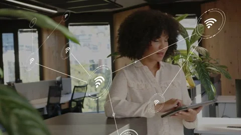 Plant showing wifi nodes linking, woman tapping tablet causing network showing Stock Footage 334013785