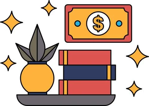 A plant sits on a shelf next to a stack of books and a dollar bill Stock Illustration