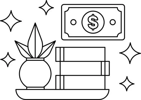 A plant sits on a shelf next to a stack of books and a dollar bill Stock Illustration