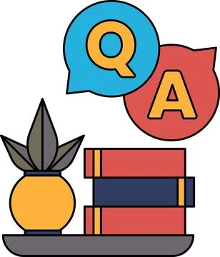 A plant sits on a table next to a stack of books and a Q and A sign Stock Illustration