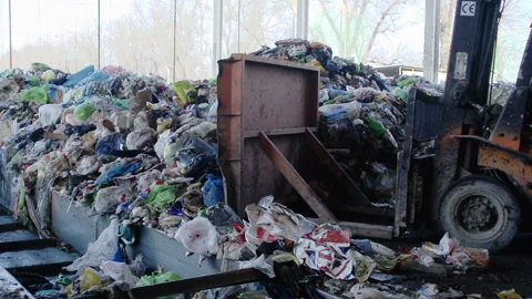 Plant for Sorting and Recycling. The Bulldozer Driver Works on Trash Sorting Stock Footage 87185260