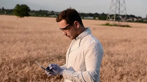 A plant specialist checking a field soybean, in a white coat, makes a test analy Vídeo Stock 202652244