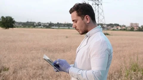 A plant specialist checking a field soybean, in a white coat, makes a test analy 스톡 동영상 202652327