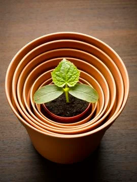 Plant sprouting in nesting flowerpot Stock Photos